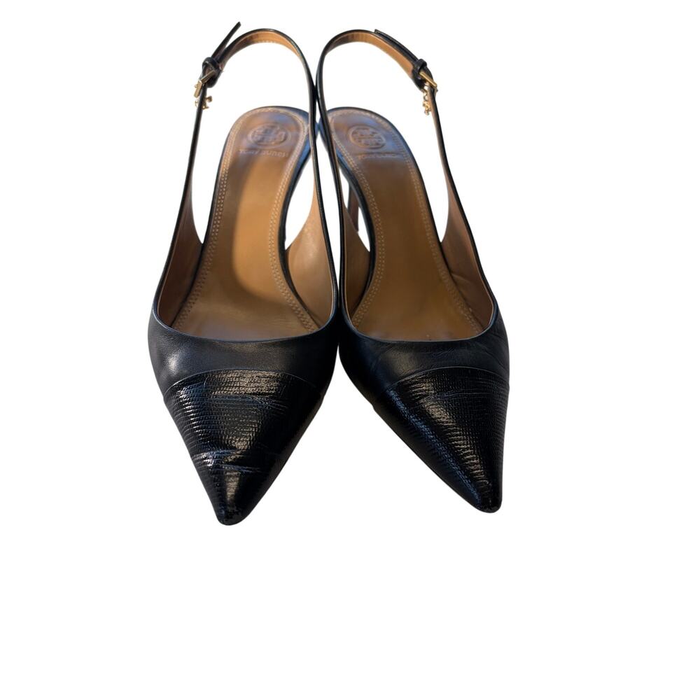 Tory Burch Penelope 85MM Cap-Toe Pump Leather Size 8.5 Ink Black Snake